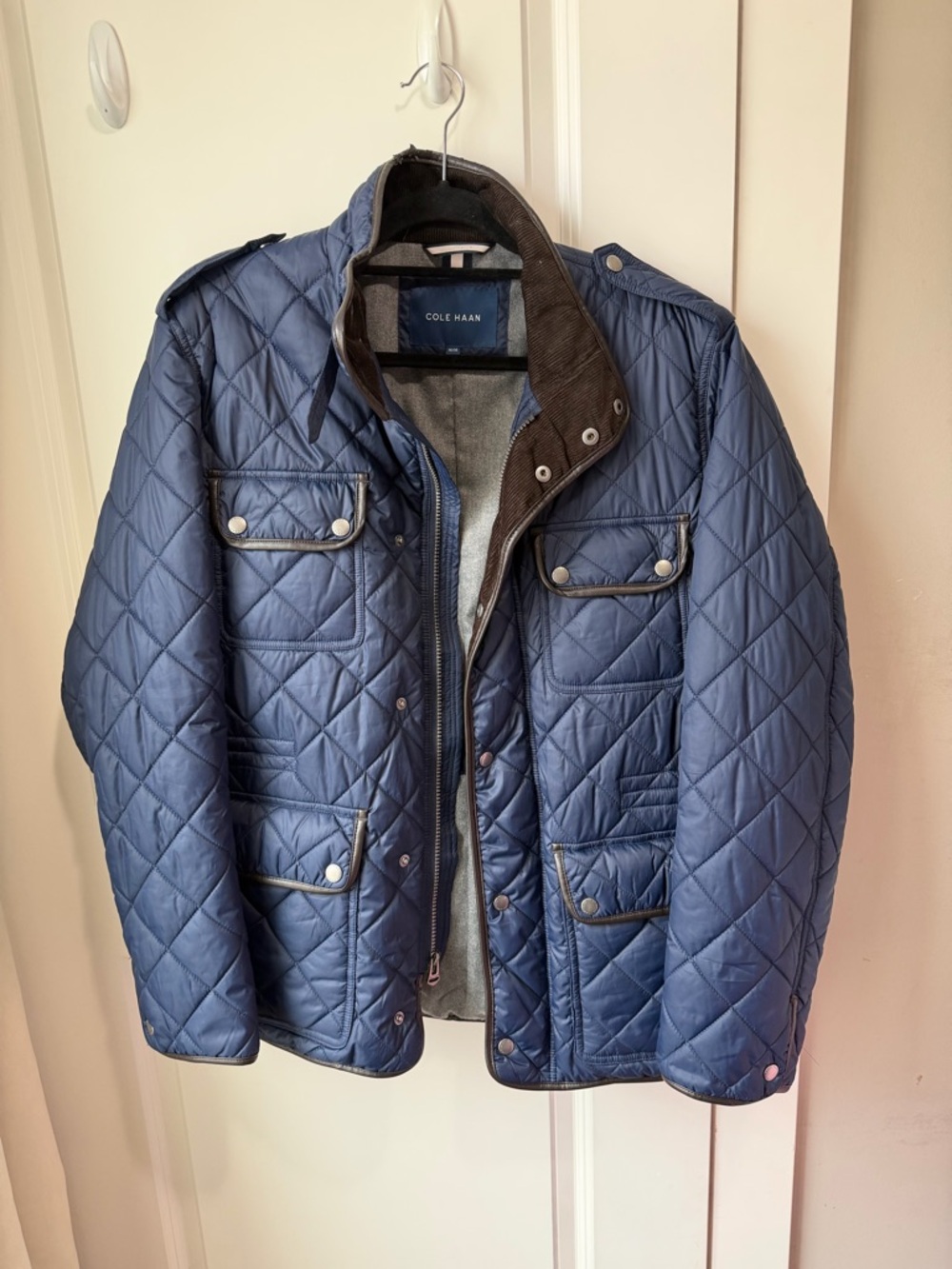 Cole Haan Navy Quilted Field Jacket with Brown Trim